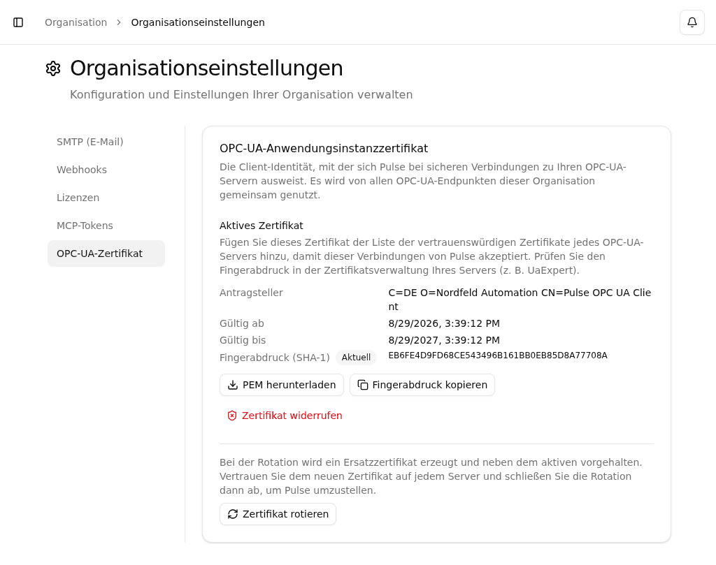 OPC-UA-Zertifikatseinstellungen mit aktivem Zertifikat und Rotationsaktionen