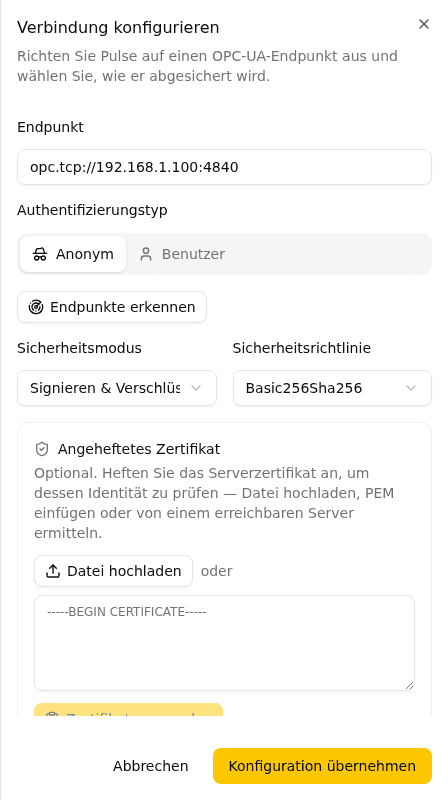OPC-UA-Verbindungsdialog mit Sicherheitsmodus, Richtlinie und angeheftetem Zertifikat