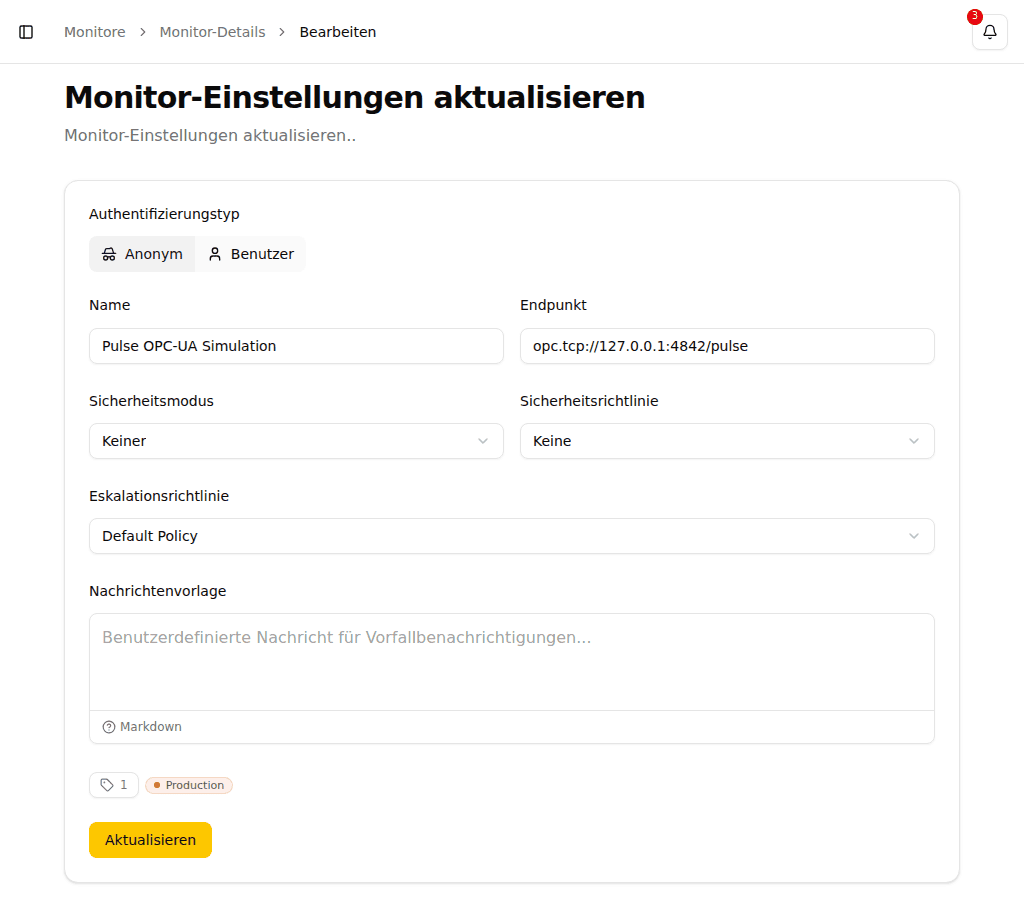 OPC-UA-Endpunkt-Monitor erstellen mit Verbindungseinstellungen