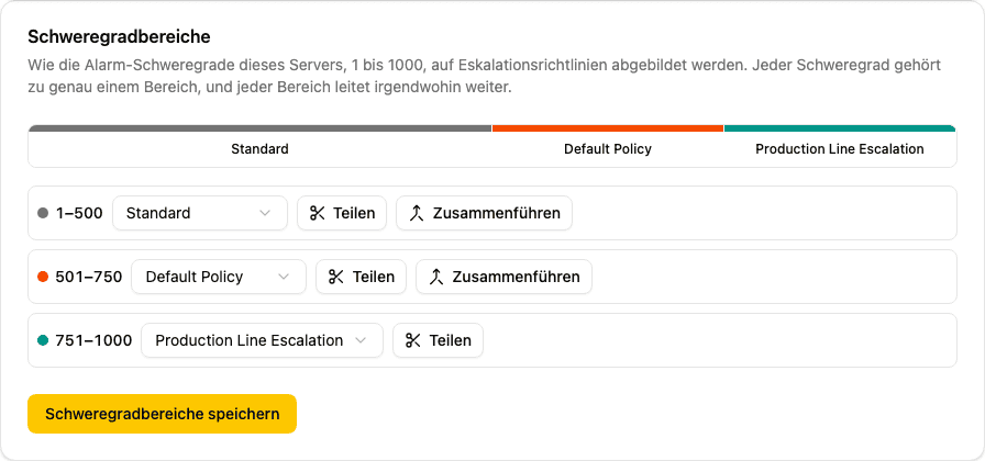 Editor für Schweregradbereiche mit drei Bereichen, die auf unterschiedliche Eskalationsrichtlinien abgebildet sind