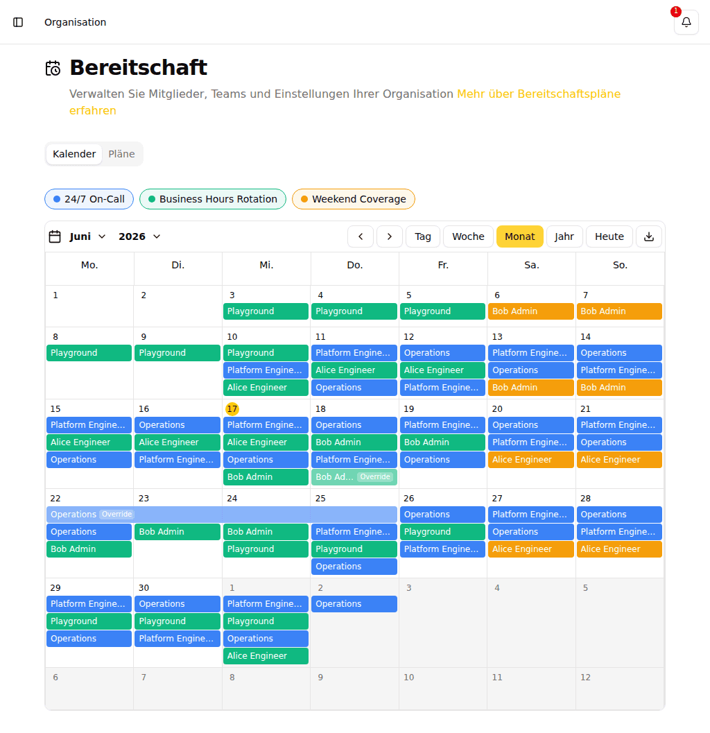 Bereitschaftskalender mit Monatsansicht