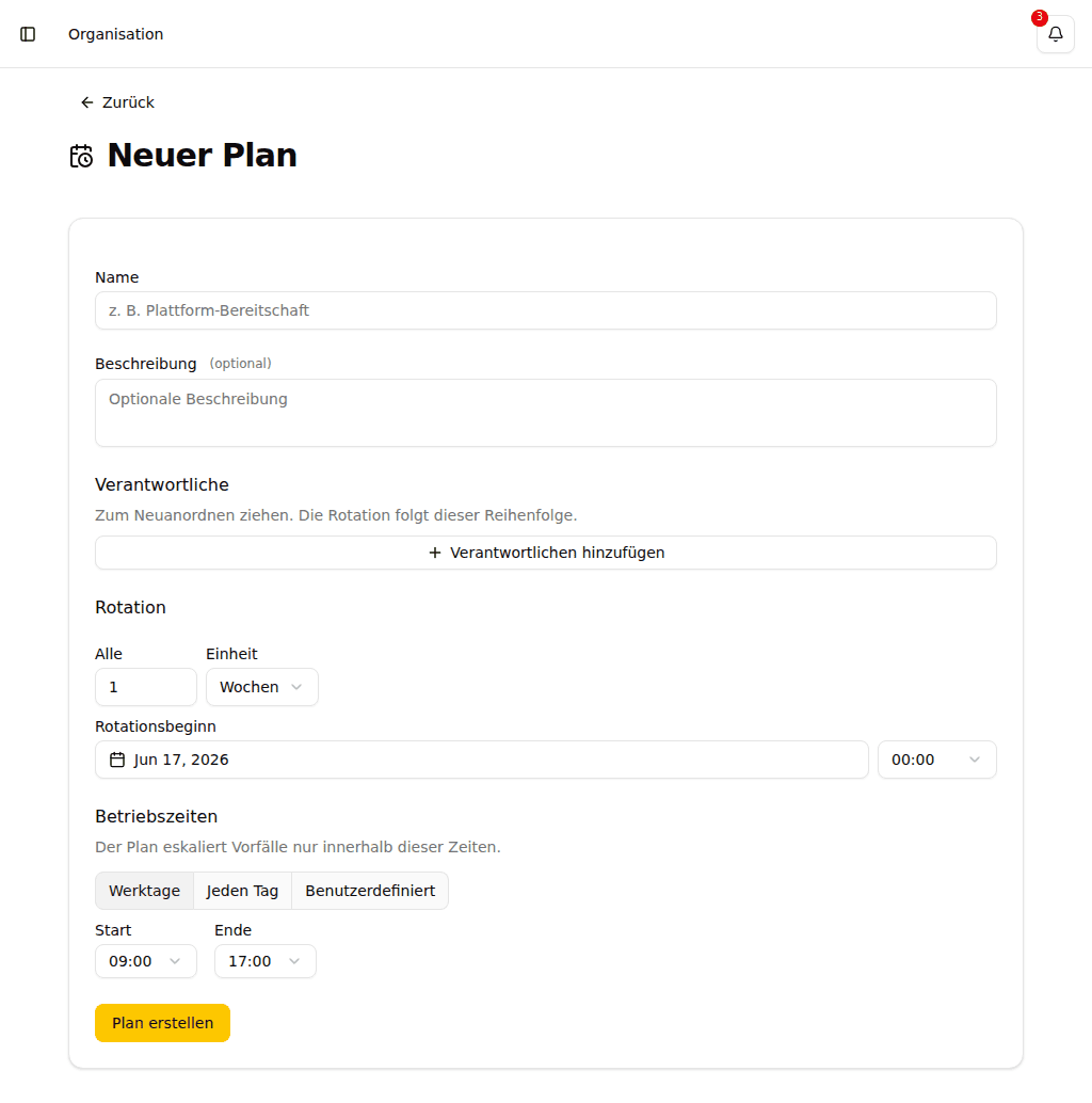 Formular für neuen Bereitschaftsplan