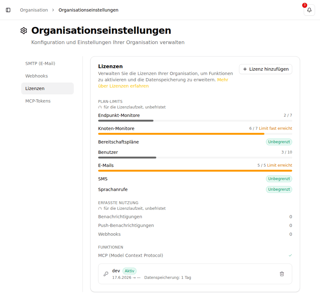 Organisations-Lizenzeinstellungen mit dem Nutzungspanel über der aktiven Lizenz