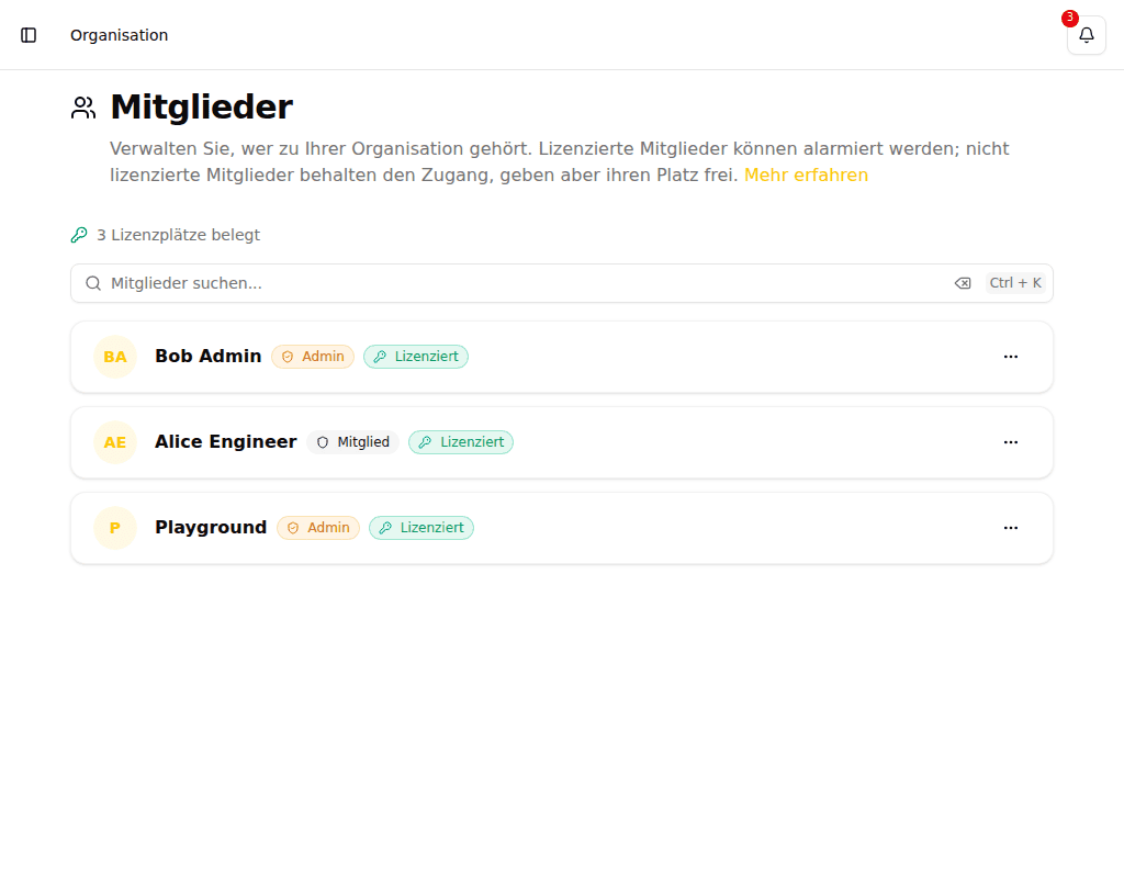 Organisations-Mitgliederseite mit Mitgliederliste sowie Rollen- und Lizenz-Badges