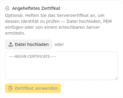 Bereich „Angeheftetes Zertifikat" mit Upload- und Einfügeoptionen