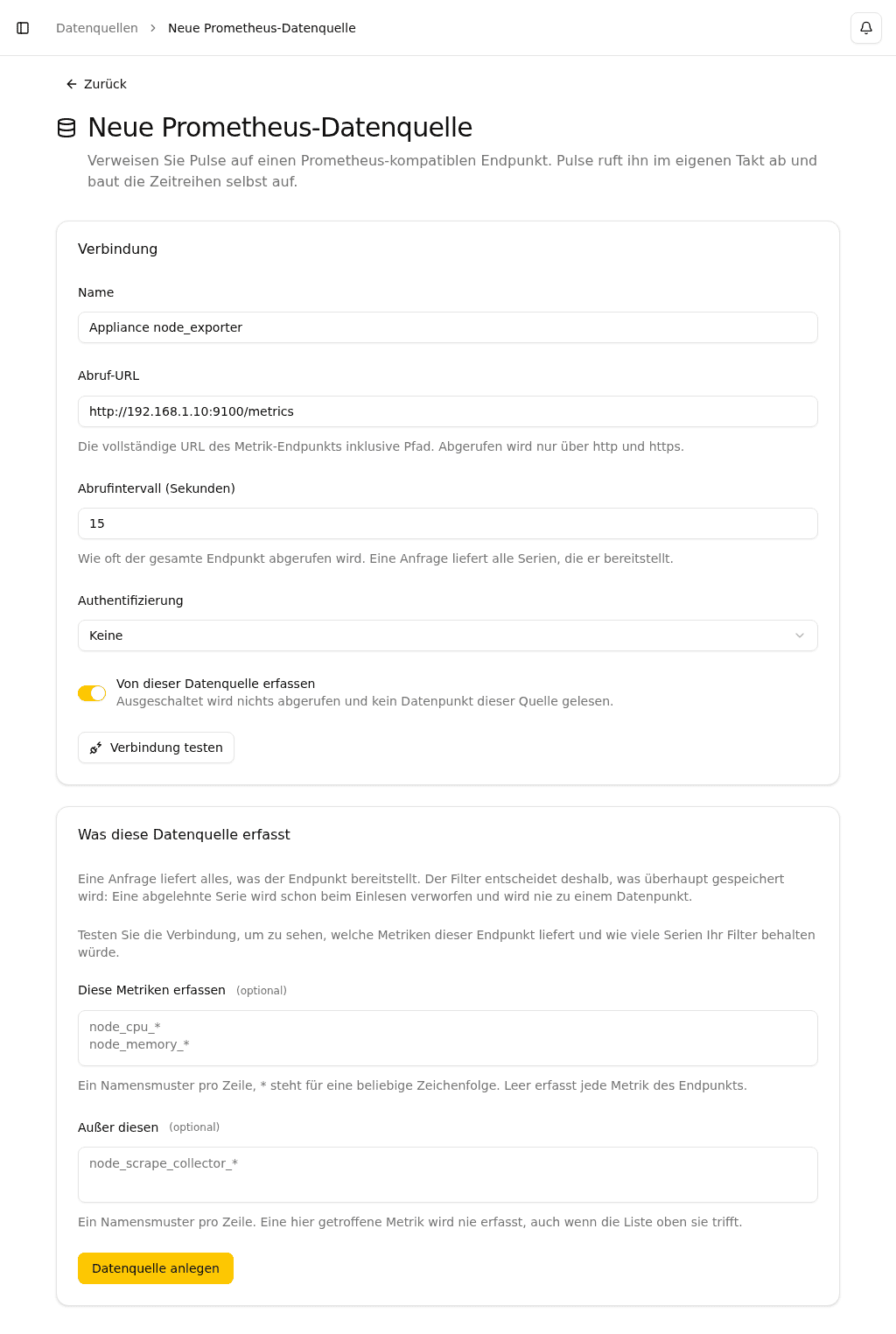 Formular für neue Prometheus-Datenquelle mit Verbindungsfeldern