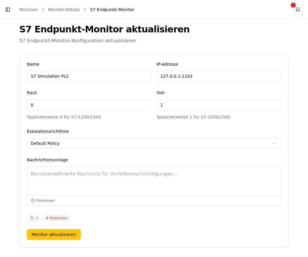 S7-Endpunkt-Monitor erstellen mit Verbindungseinstellungen