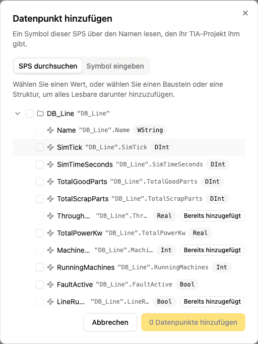 Die Symbole der SPS im Dialog „Datenpunkt hinzufügen“ durchsuchen
