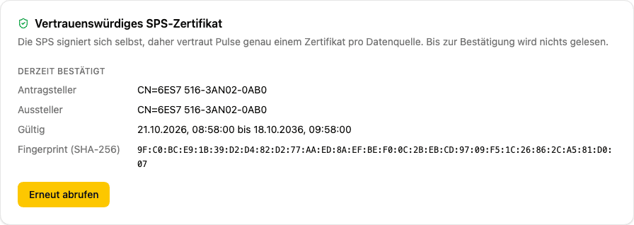 Das Panel für das vertrauenswürdige SPS-Zertifikat mit dem Fingerabdruck zum Vergleichen