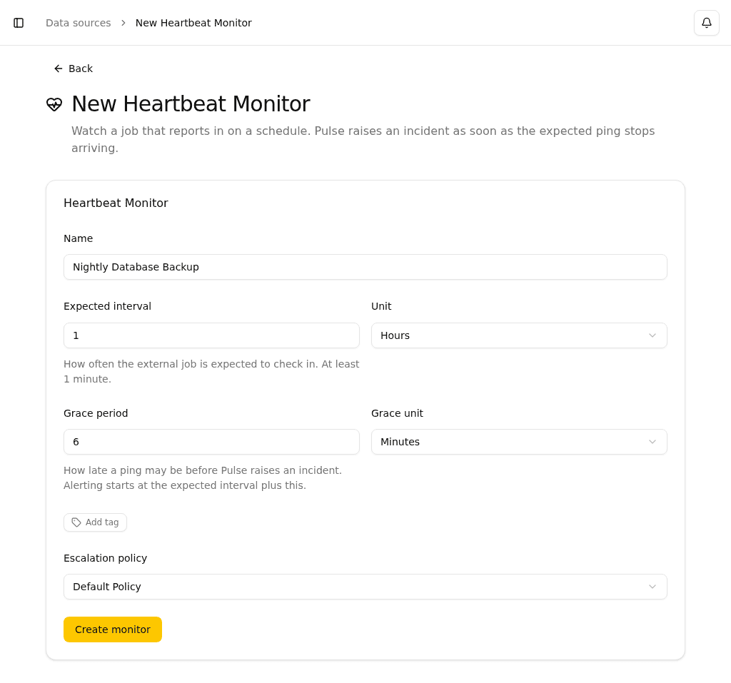 Heartbeat settings with the expected interval