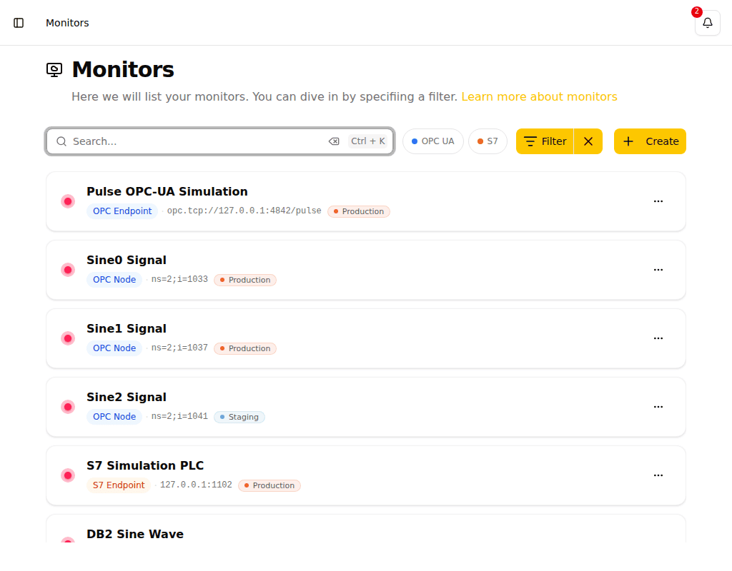 Monitor list showing S7 monitors with status indicators