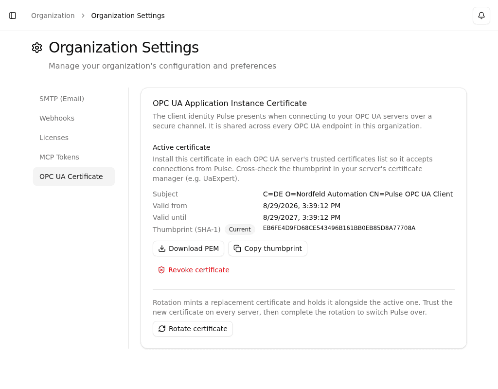 OPC UA certificate settings page with the active certificate and rotation actions