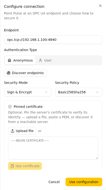 OPC UA connection panel with security mode, policy, and pinned certificate settings