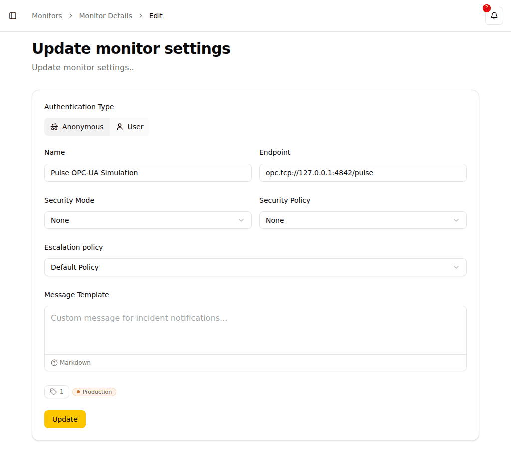 Create OPC UA Endpoint Monitor with connection settings
