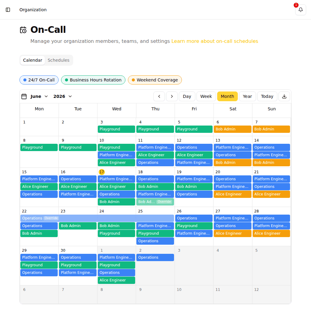 On-call calendar showing monthly schedule view