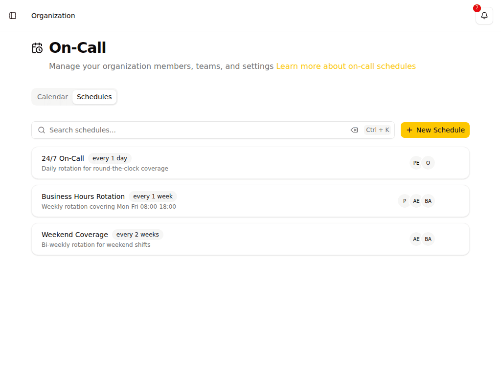Organization On-Call page showing schedule list