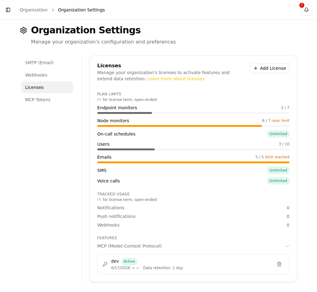 Organization license settings showing the usage panel above the active license