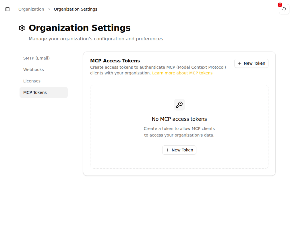 MCP Tokens settings