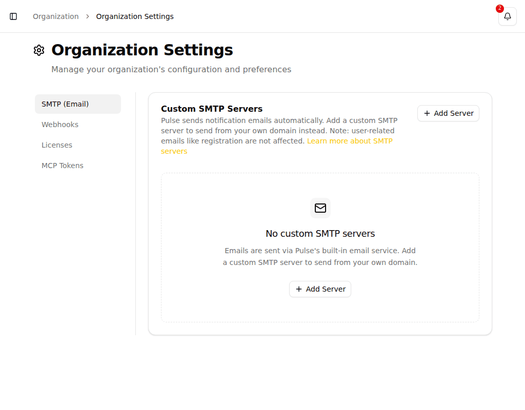 Organization SMTP settings