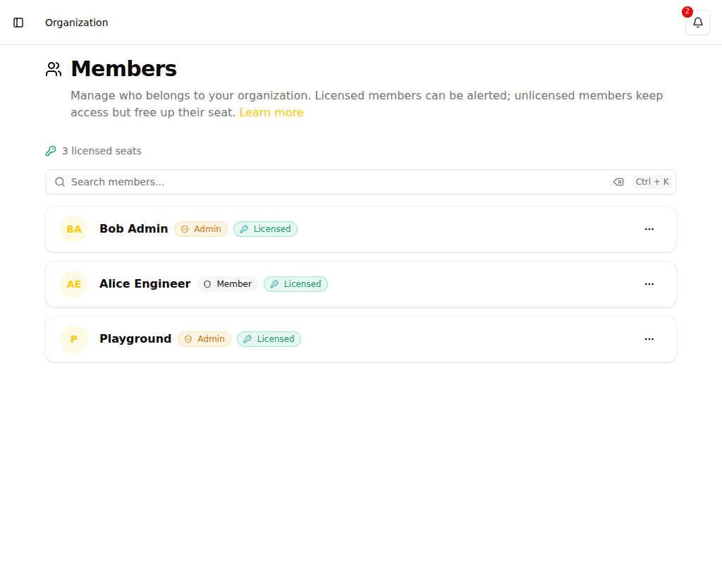 Organization Members page showing member list with role and license badges
