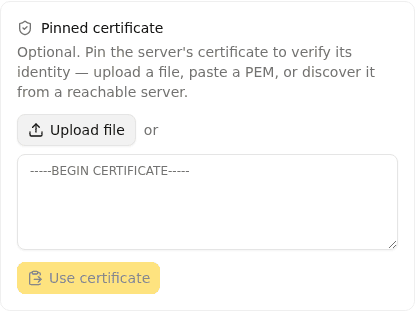 Pinned certificate section showing upload and paste options