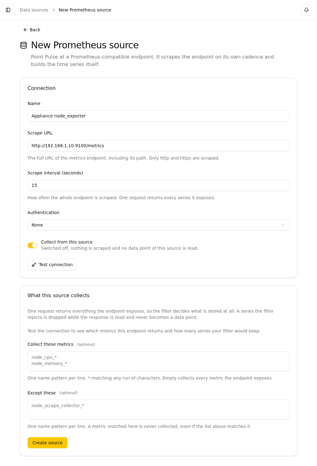 New Prometheus data source form with connection fields
