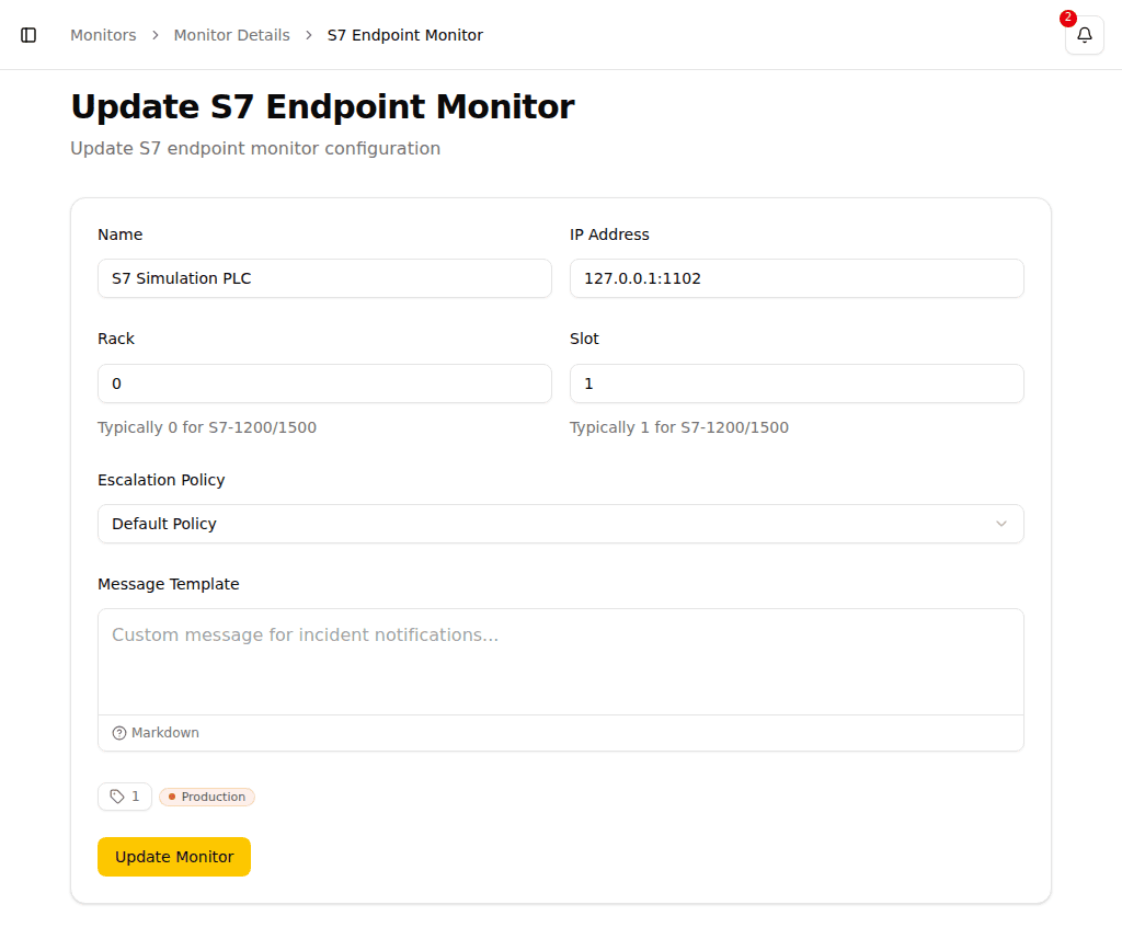 Create S7 Endpoint Monitor with connection settings