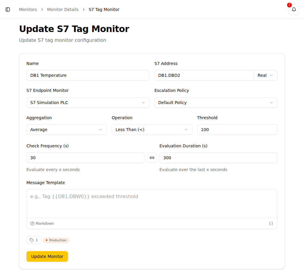 Create S7 Tag Monitor with threshold settings