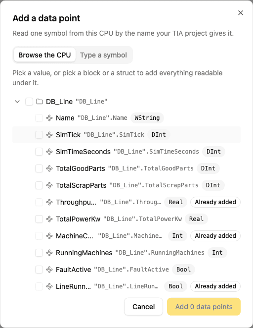Browsing the CPU's symbols from the Add data point dialog