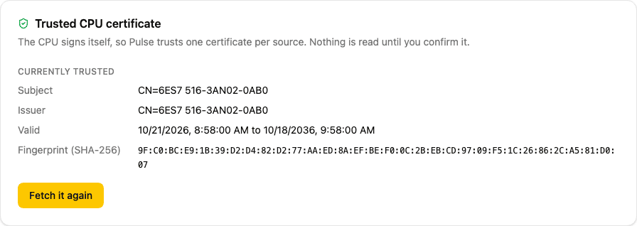The trusted CPU certificate panel, with the fingerprint to compare